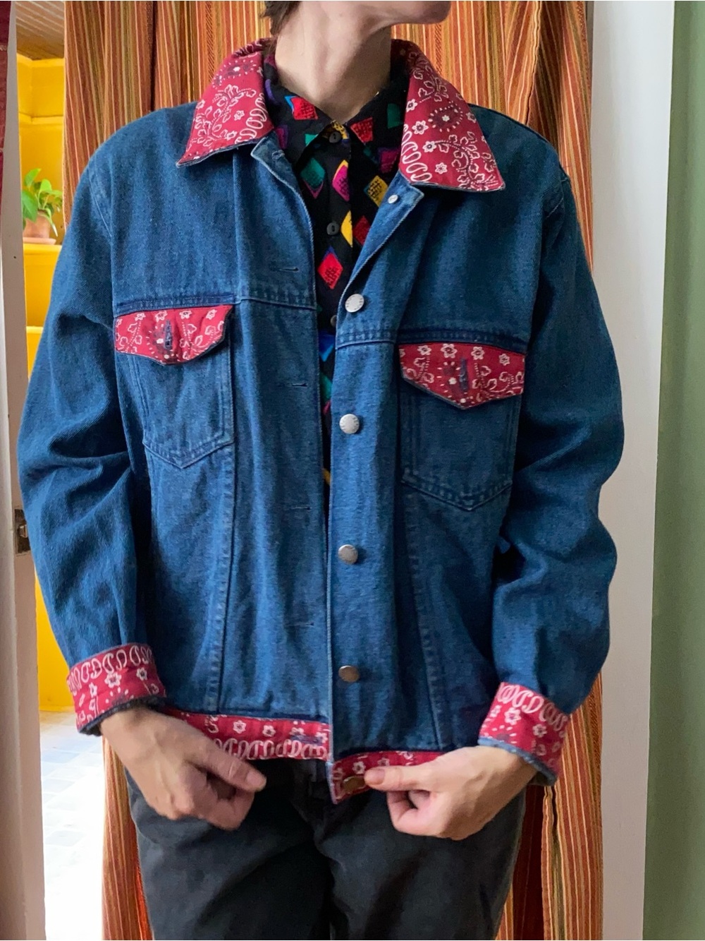 Vintage Jean Jacket with Red Bandana Trim